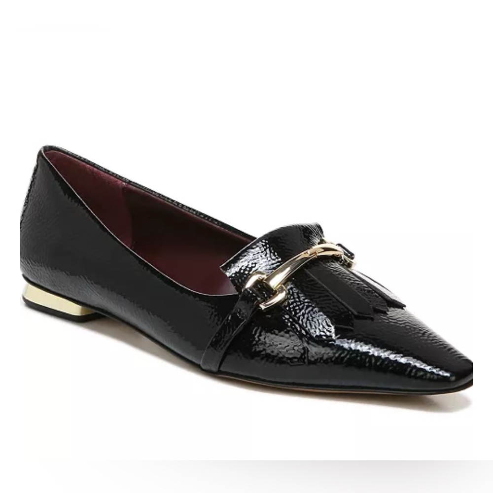 Elegant Dark Navy Patent Loafer with Gold Accent
